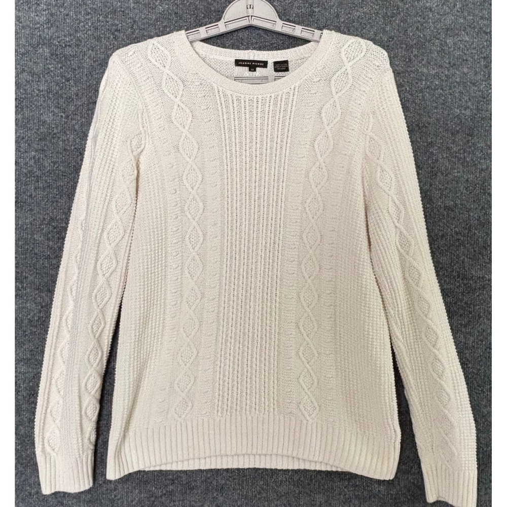 JEANNE PIERRE Womens White Cable Knit‎ Crew Neck Sweater Size M Cotton